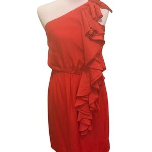 Tommy Hilfiger Dress Sz 8 Red One Shoulder Red Side Ruffle Midi Sheath